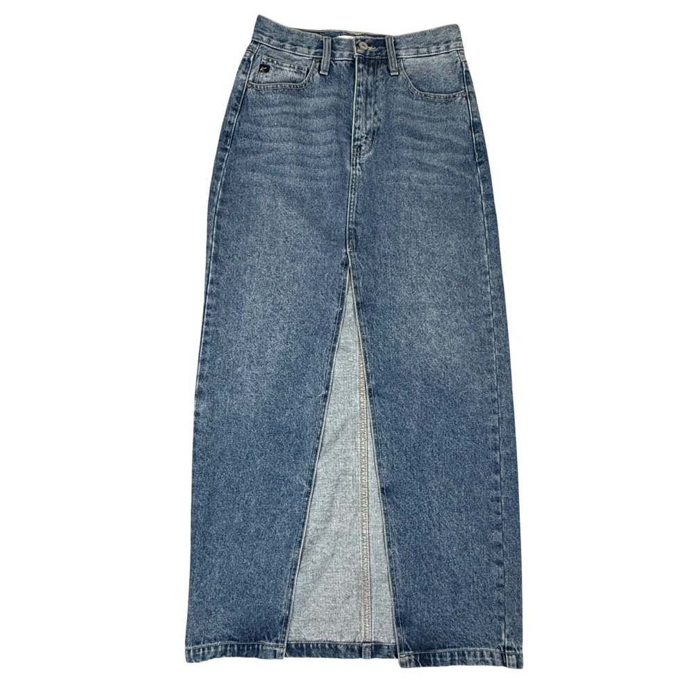 KanCan Blue Denim High Rise Front Slit Maxi Skirt XS Boho 90s